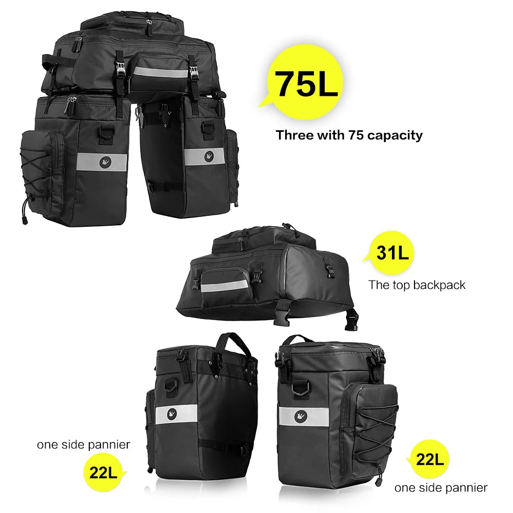 3-in-1 Fahrradtasche 75L – Wasserdichte Gepäckträgertasche, Rucksack & Schultertasche