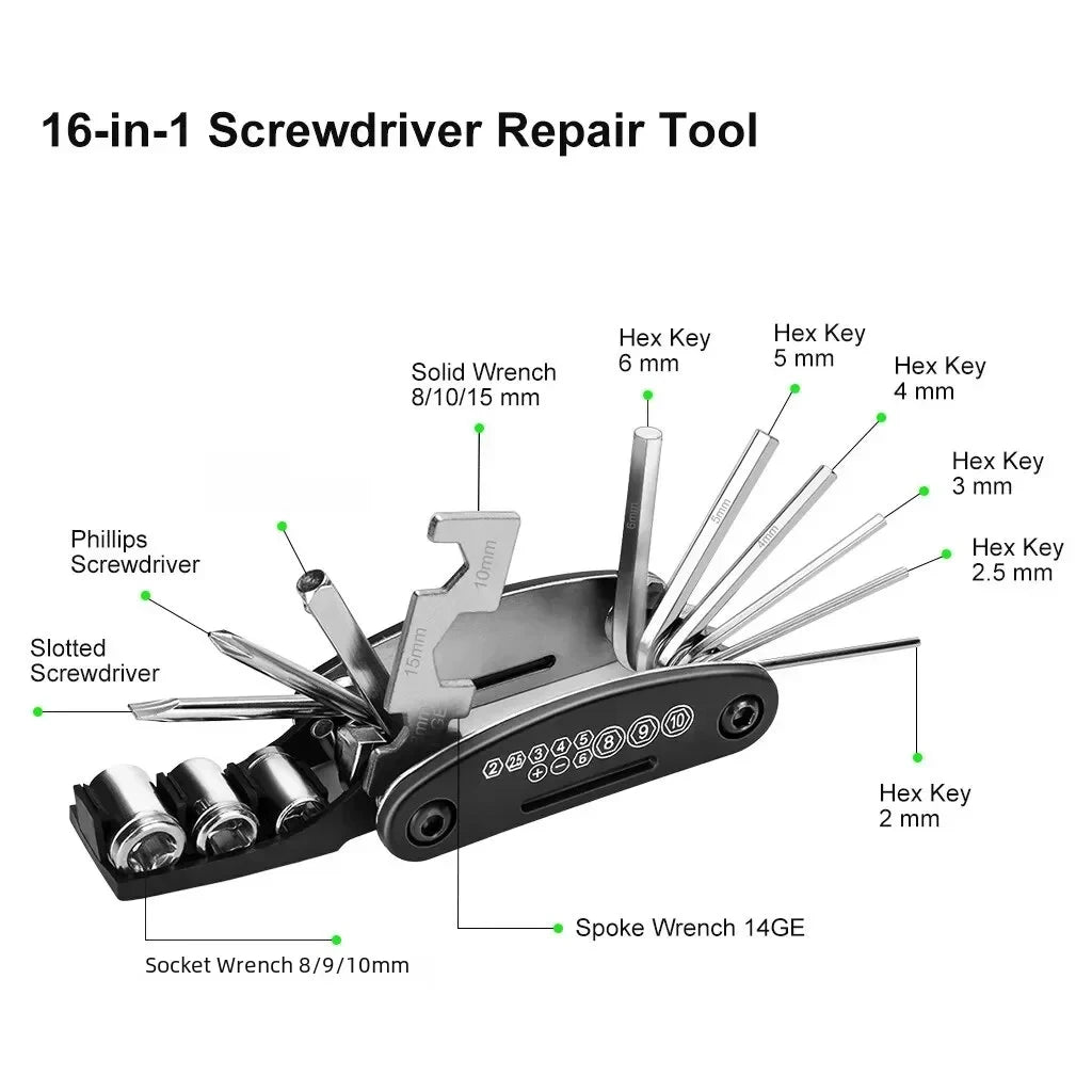 Fahrrad Reparaturset 16-in-1 – Fahrrad Multitool mit Luftpumpe & Reifen-Reparaturset – Tragbares Werkzeugset