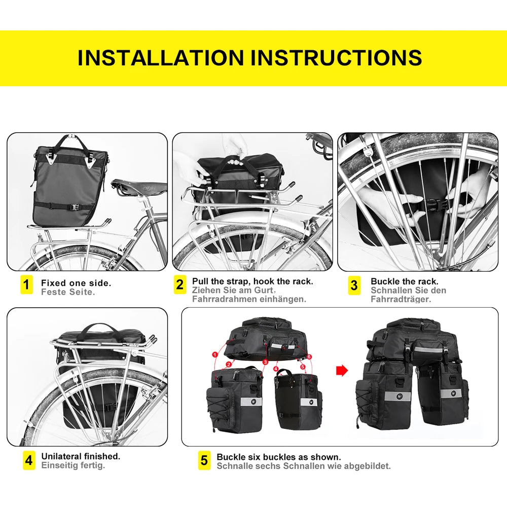 3-in-1 Fahrradtasche 75L – Wasserdichte Gepäckträgertasche, Rucksack & Schultertasche