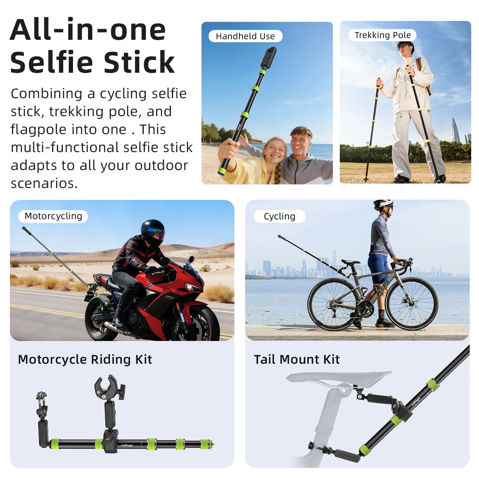 Premium Motorrad & Fahrrad 110 cm Actioncam Selfie Stick – Insta360 / GoPro