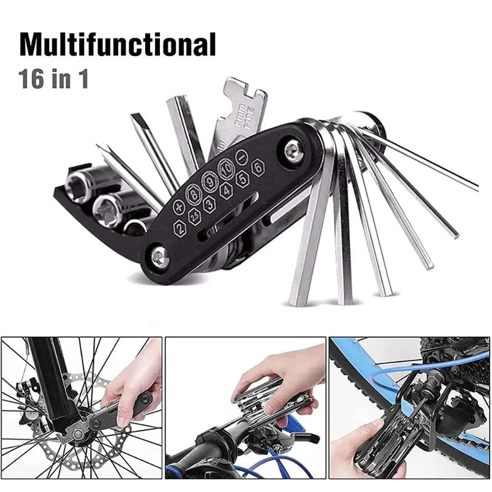 Fahrrad Reparaturset 16-in-1 – Fahrrad Multitool mit Luftpumpe & Reifen-Reparaturset – Tragbares Werkzeugset