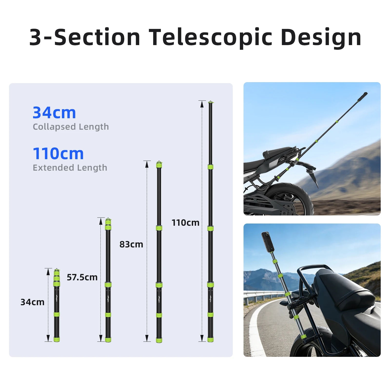 Premium Motorrad & Fahrrad 110 cm Actioncam Selfie Stick – Insta360 / GoPro