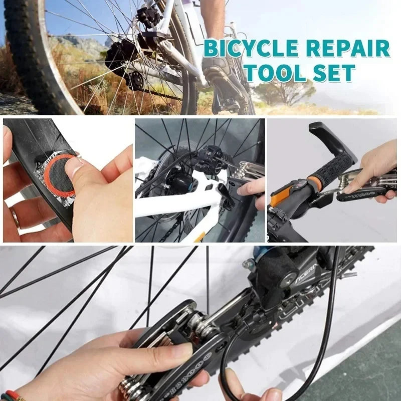 Fahrrad Reparaturset 16-in-1 – Fahrrad Multitool mit Luftpumpe & Reifen-Reparaturset – Tragbares Werkzeugset