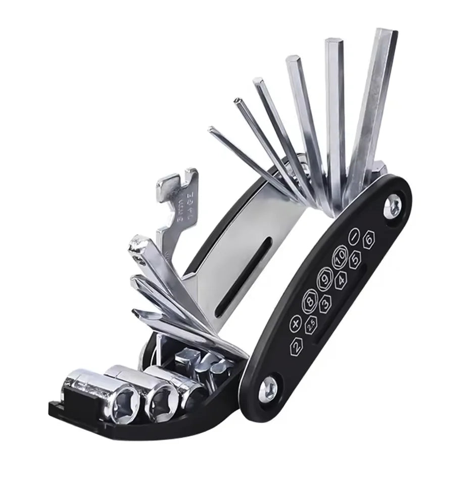 Fahrrad Reparaturset 16-in-1 – Fahrrad Multitool mit Luftpumpe & Reifen-Reparaturset – Tragbares Werkzeugset