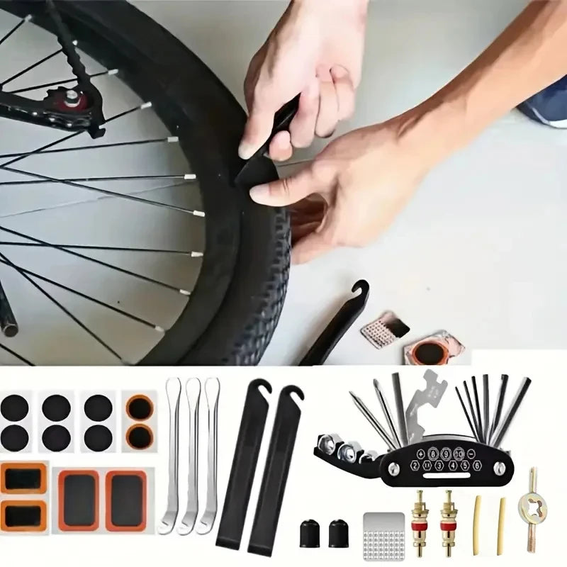 Fahrrad Reparaturset 16-in-1 – Fahrrad Multitool mit Luftpumpe & Reifen-Reparaturset – Tragbares Werkzeugset