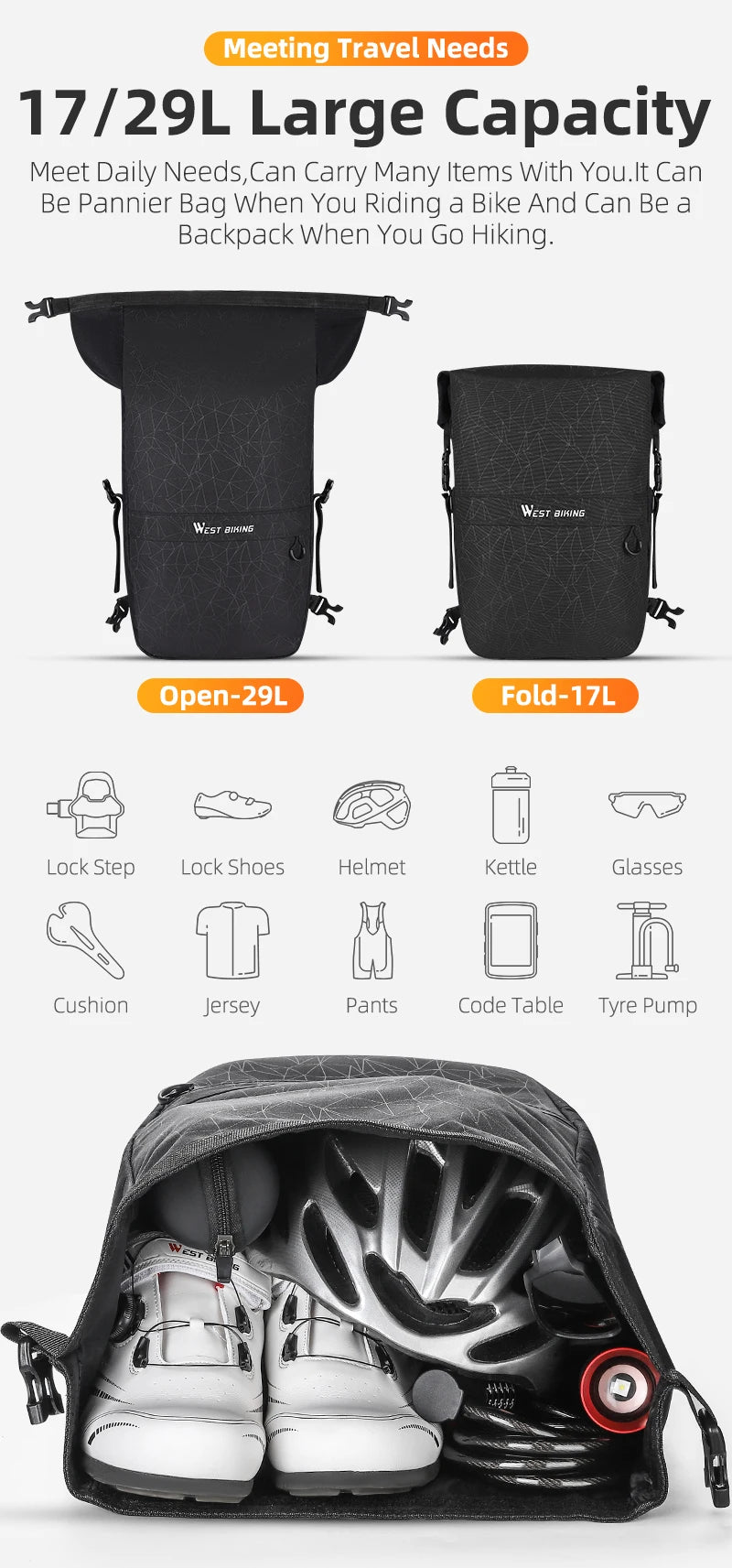 WEST BIKING Premium Wasserdichte Fahrrad-Gepäckträgertasche 17–29 L