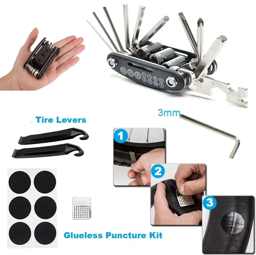 Fahrrad Reparaturset 16-in-1 – Fahrrad Multitool mit Luftpumpe & Reifen-Reparaturset – Tragbares Werkzeugset