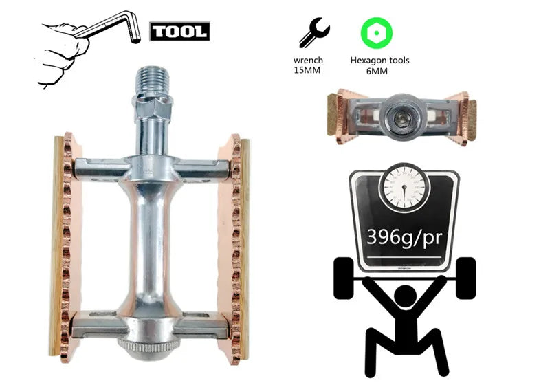 Fahrradpedale Aluminium 9/16" – Retro Holzoptik – MTB E-Bike – Rutschfest – Gold/Silber/Rose Gold/Schwarz