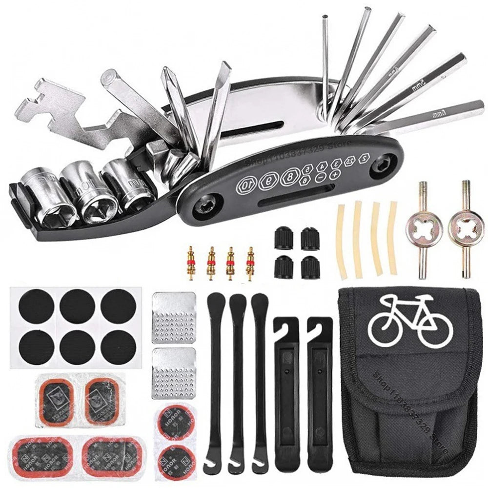 Fahrrad Reparaturset 16-in-1 – Fahrrad Multitool mit Luftpumpe & Reifen-Reparaturset – Tragbares Werkzeugset